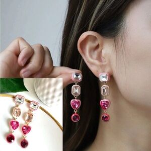 2/$30🌵 Enamel Stone Heart Dangle Earrings Romantic  Vintage Style Pink Red NEW